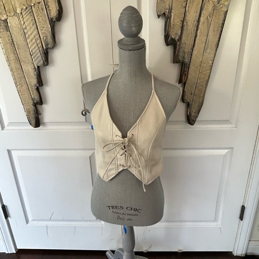 Cream Urban Outfitters Pleather Laced Up Halter Top